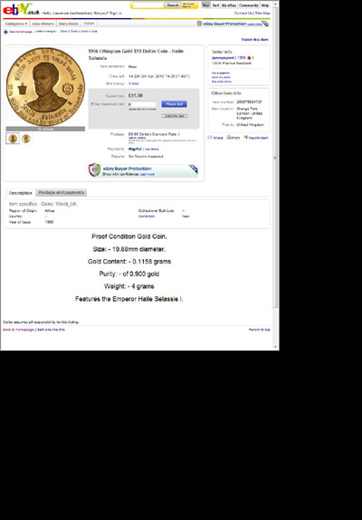 jgeorgegrant eBay Listing Using our 1966 Ethiopian Gold $10 Dollar Coin Obverse and Reverse Photographs